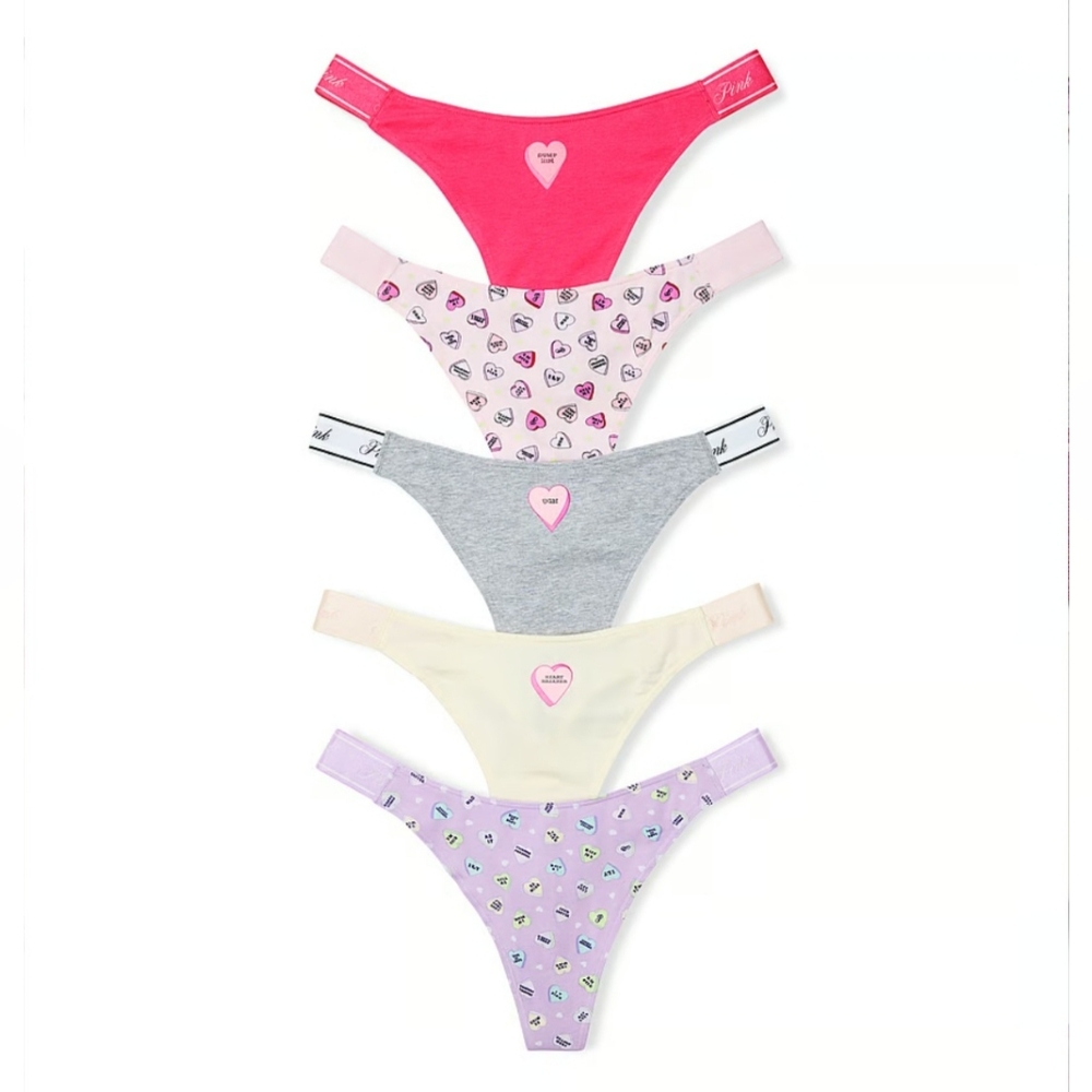 PINK Victoria's Secret Logo High Leg Thong Panty 5 Pack.